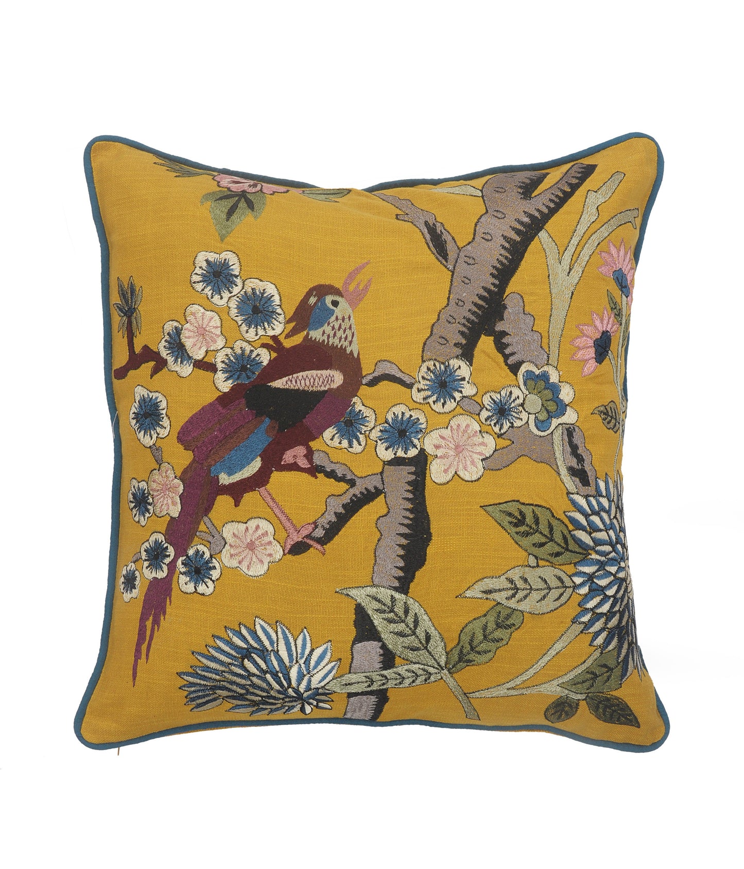 20" X 20" Blue and Yellow Bird Floral Cotton Zippered Pillow With Embroidery