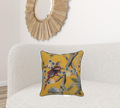 20" X 20" Blue and Yellow Bird Floral Cotton Zippered Pillow With Embroidery