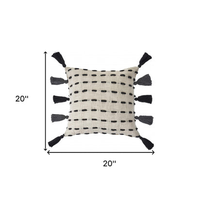 20" X 20" Black And Cream 100% Cotton Geometric Zippered Pillow