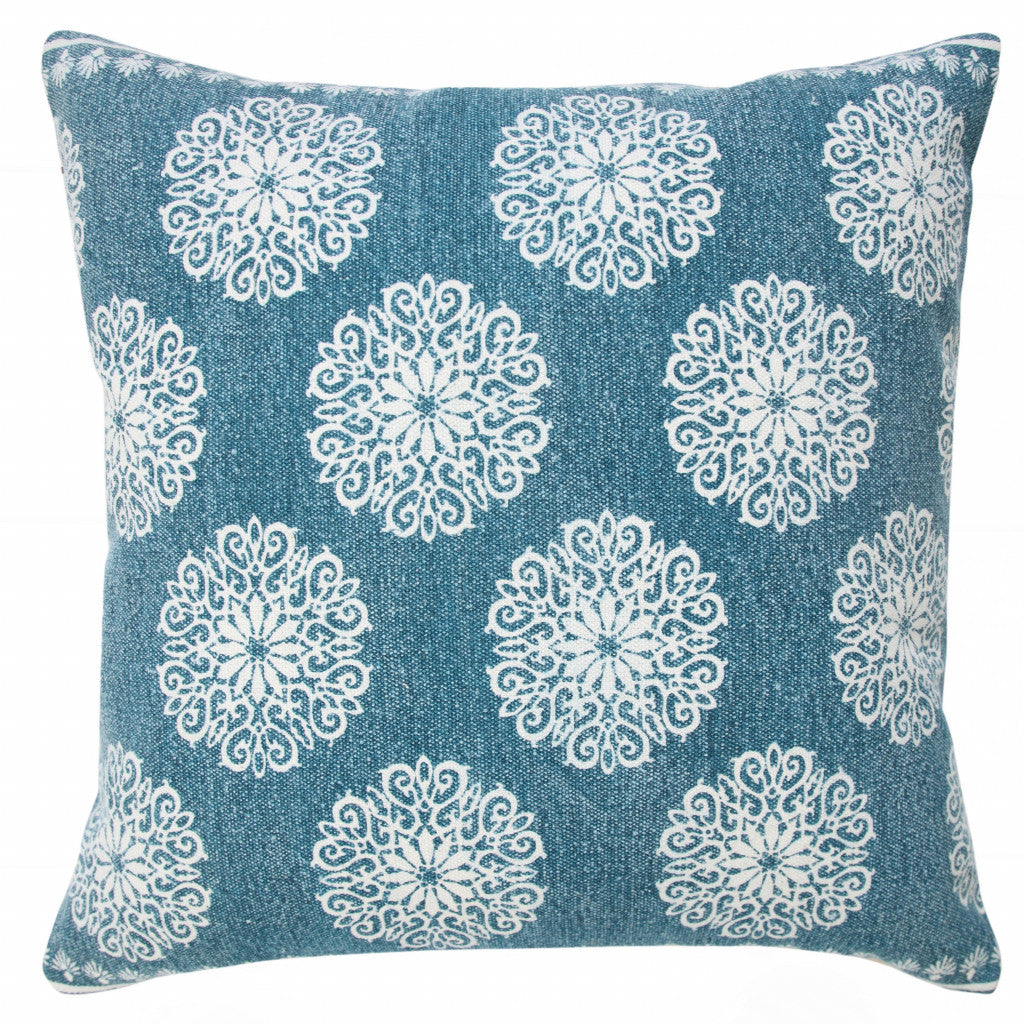 20" X 20" Dark Blue And White 100% Cotton Floral Zippered Pillow