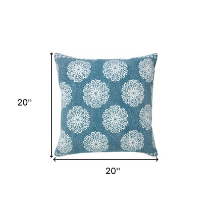 20" X 20" Dark Blue And White 100% Cotton Floral Zippered Pillow