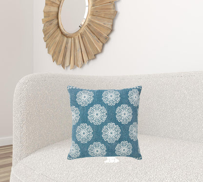 20" X 20" Dark Blue And White 100% Cotton Floral Zippered Pillow