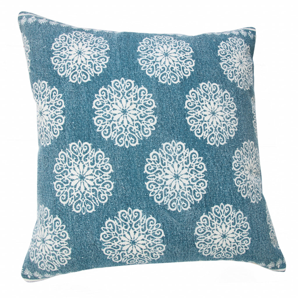 20" X 20" Dark Blue And White 100% Cotton Floral Zippered Pillow