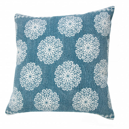 20" X 20" Dark Blue And White 100% Cotton Floral Zippered Pillow