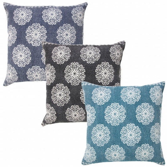 20" X 20" Dark Blue And White 100% Cotton Floral Zippered Pillow