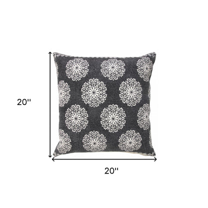 20" X 20" Dark Blue And White 100% Cotton Floral Zippered Pillow