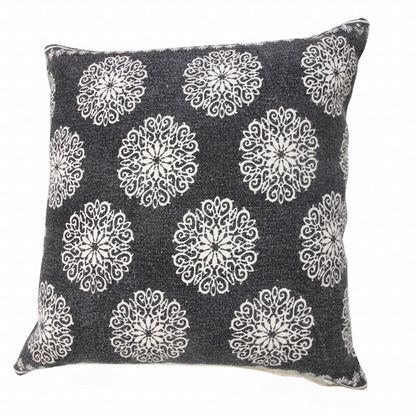 20" X 20" Dark Blue And White 100% Cotton Floral Zippered Pillow