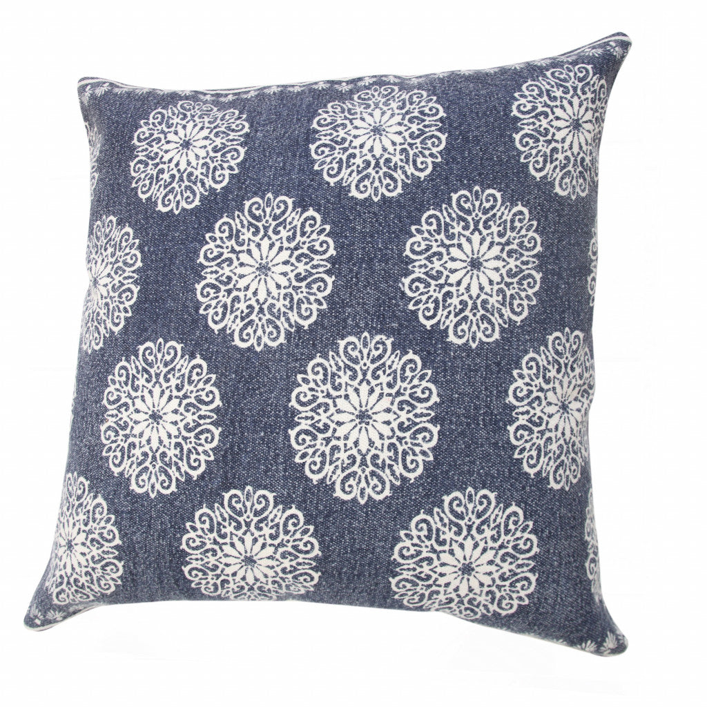 20" X 20" Dark Blue And White 100% Cotton Floral Zippered Pillow