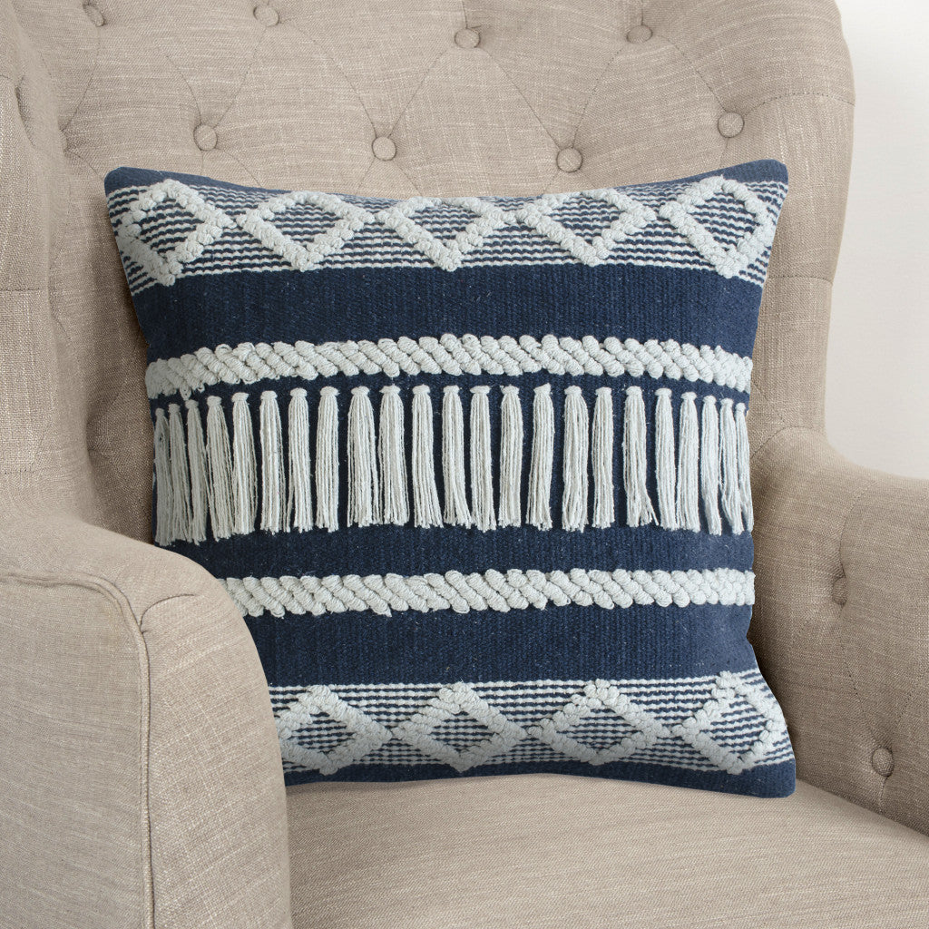 20" X 20" Blue And Ivory 100% Cotton Geometric Zippered Pillow