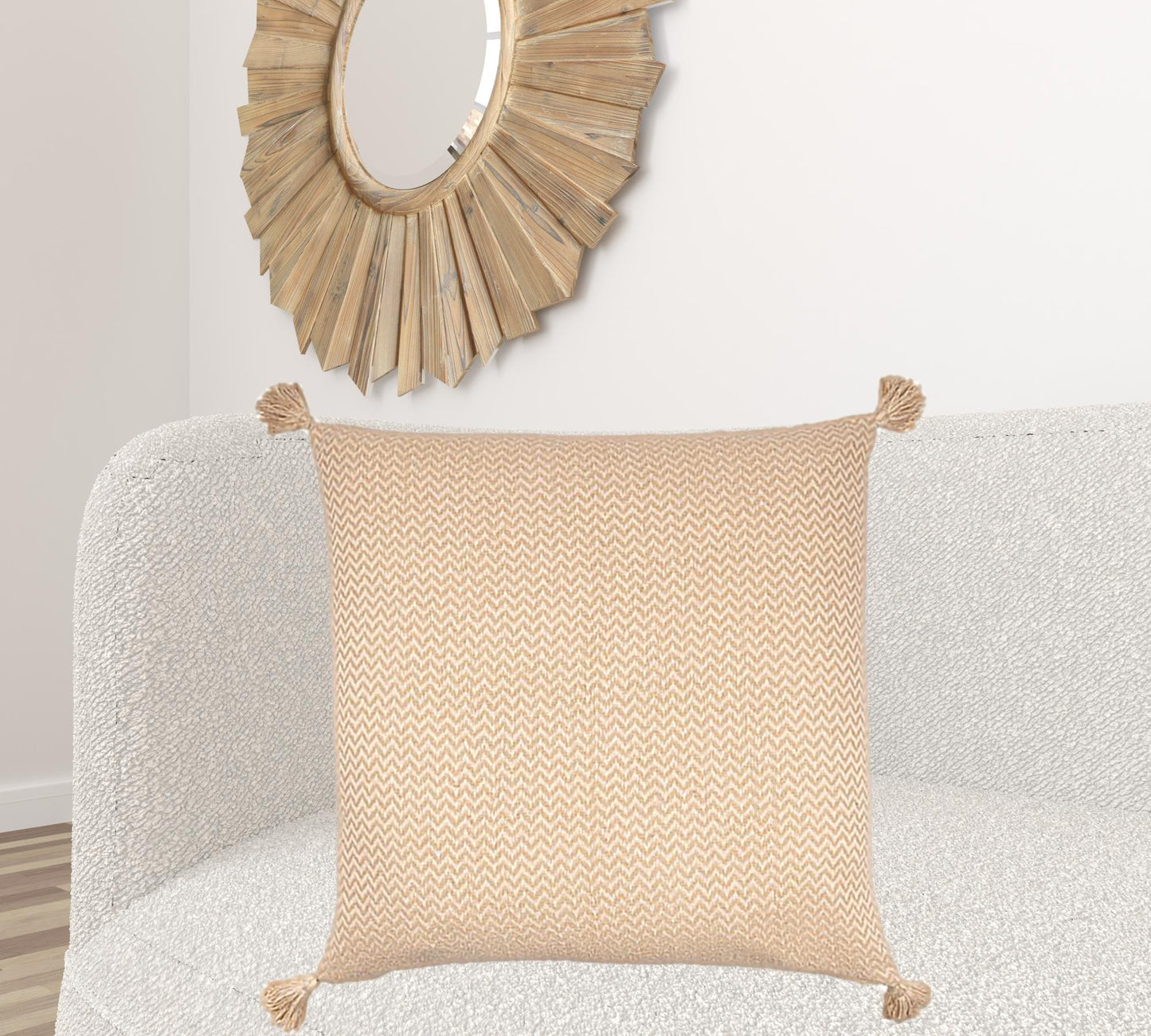 30" X 30" Beige And Cream 100% Cotton Chevron Zippered Pillow