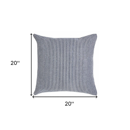 20" X 20" Blue And White 100% Cotton Striped Zippered Pillow