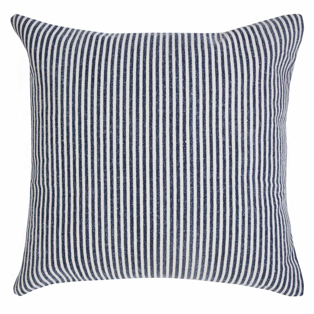 20" X 20" Blue And White 100% Cotton Striped Zippered Pillow