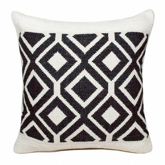 14" X 36" Deep Navy And White 100% Cotton Geometric Zippered Pillow