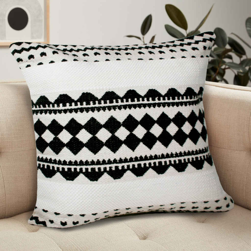 14" X 36" Black And White 100% Cotton Geometric Zippered Pillow