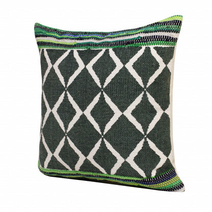 20" X 20" Green Blue And White 100% Cotton Geometric Zippered Pillow