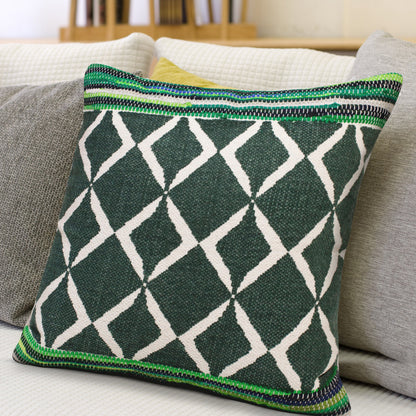 20" X 20" Green Blue And White 100% Cotton Geometric Zippered Pillow