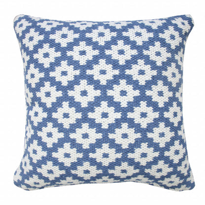 20" X 20" Blue And White 100% Cotton Geometric Zippered Pillow