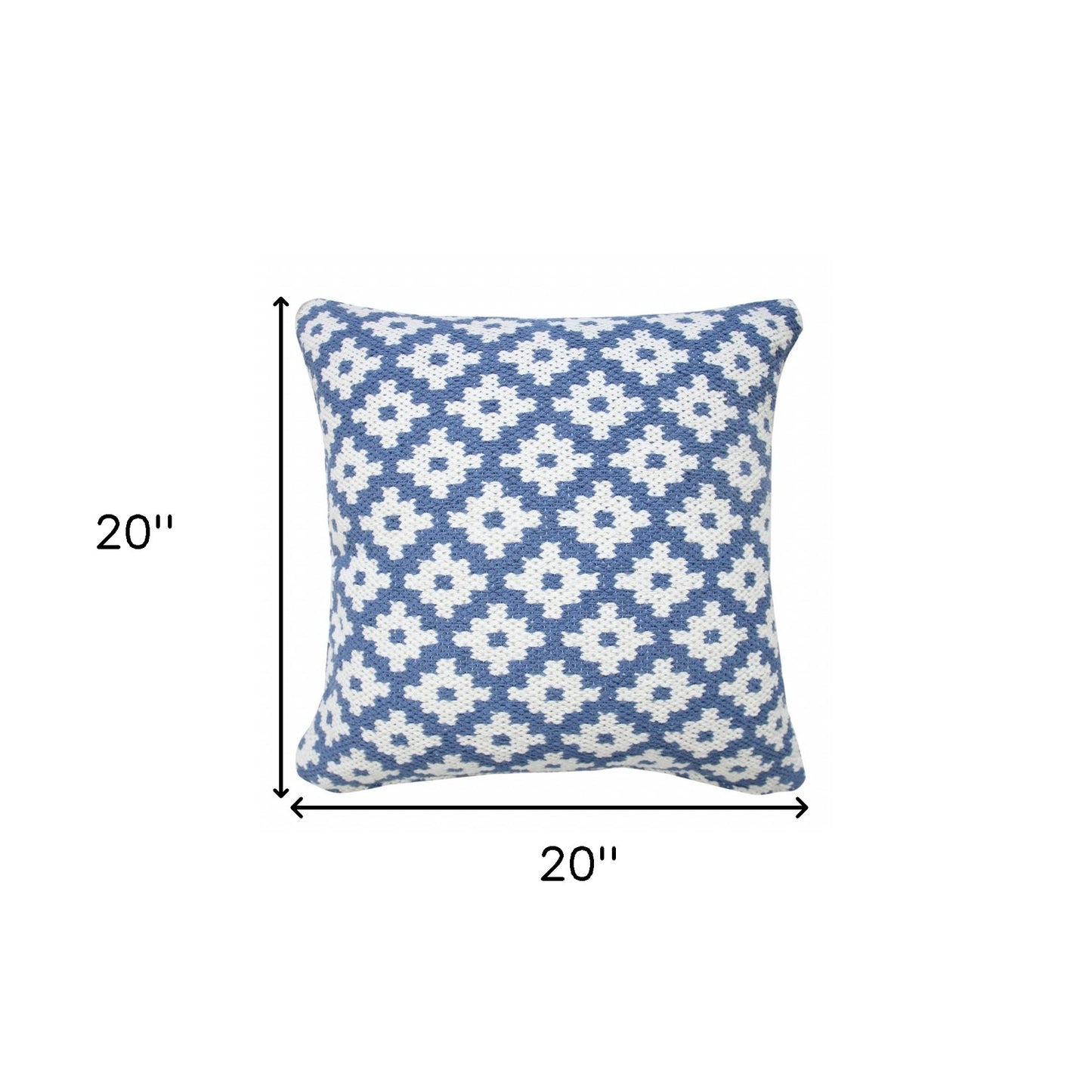 20" X 20" Blue And White 100% Cotton Geometric Zippered Pillow