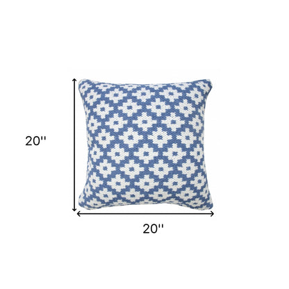 20" X 20" Blue And White 100% Cotton Geometric Zippered Pillow