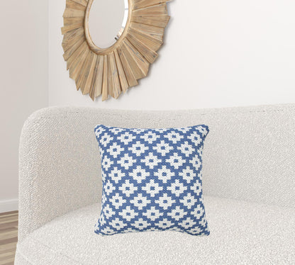 20" X 20" Blue And White 100% Cotton Geometric Zippered Pillow