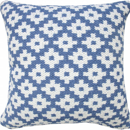 20" X 20" Blue And White 100% Cotton Geometric Zippered Pillow