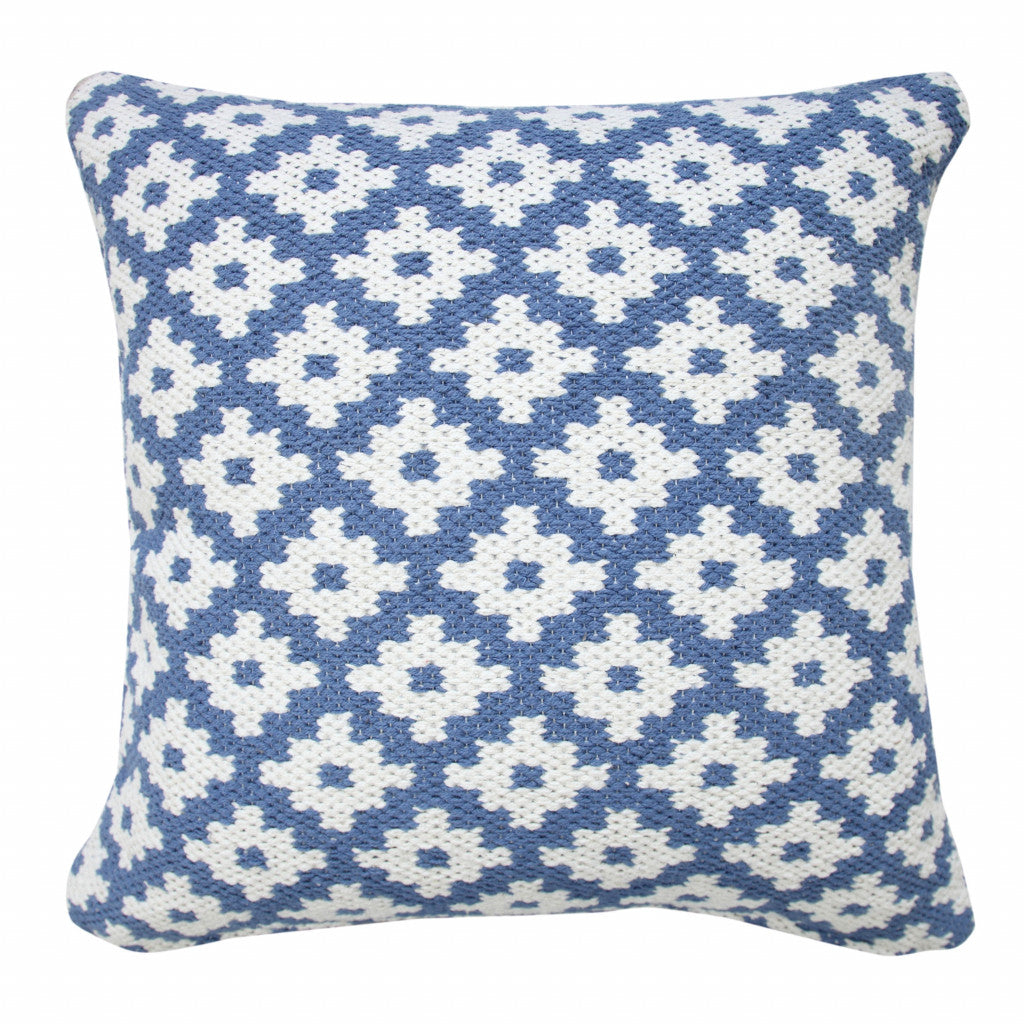 20" X 20" Blue And White 100% Cotton Geometric Zippered Pillow