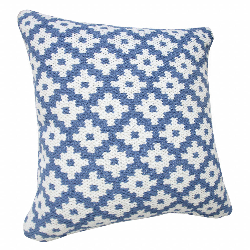 20" X 20" Blue And White 100% Cotton Geometric Zippered Pillow