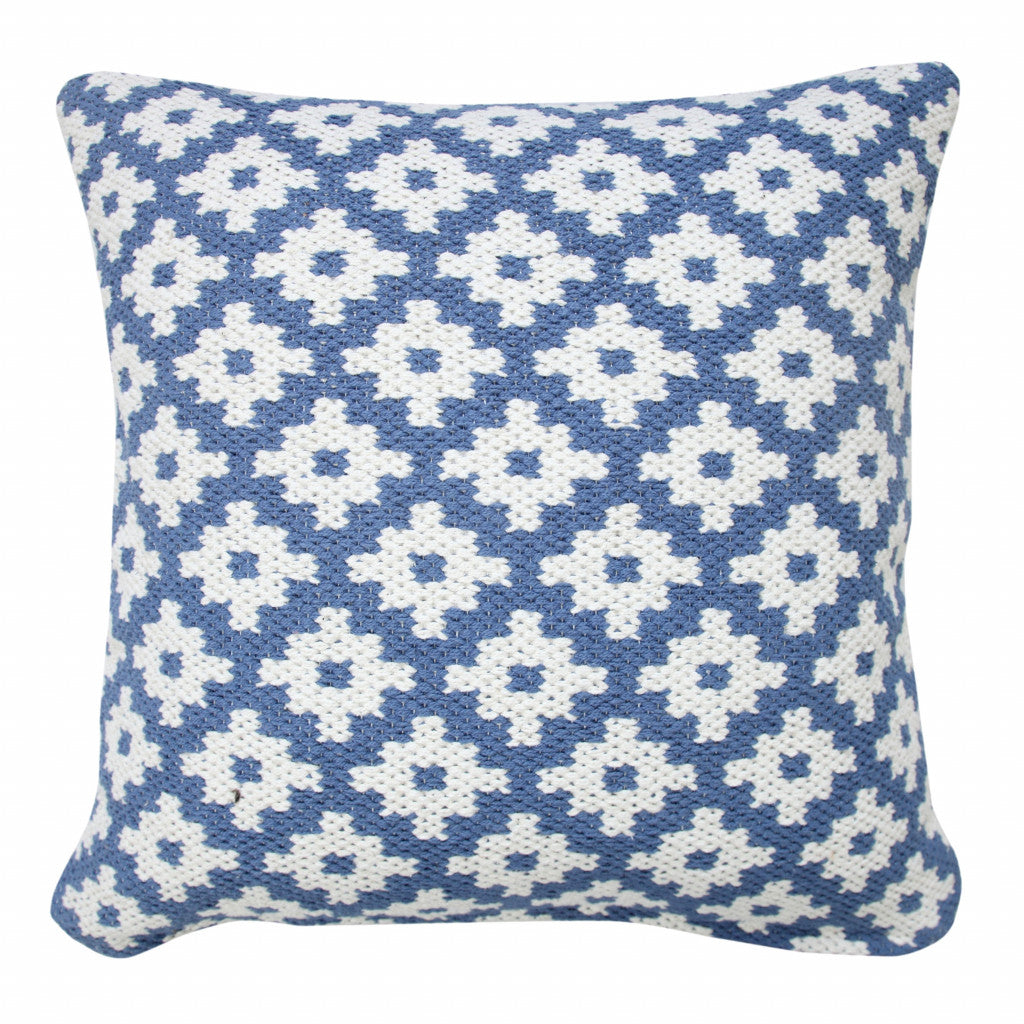 20" X 20" Blue And White 100% Cotton Geometric Zippered Pillow