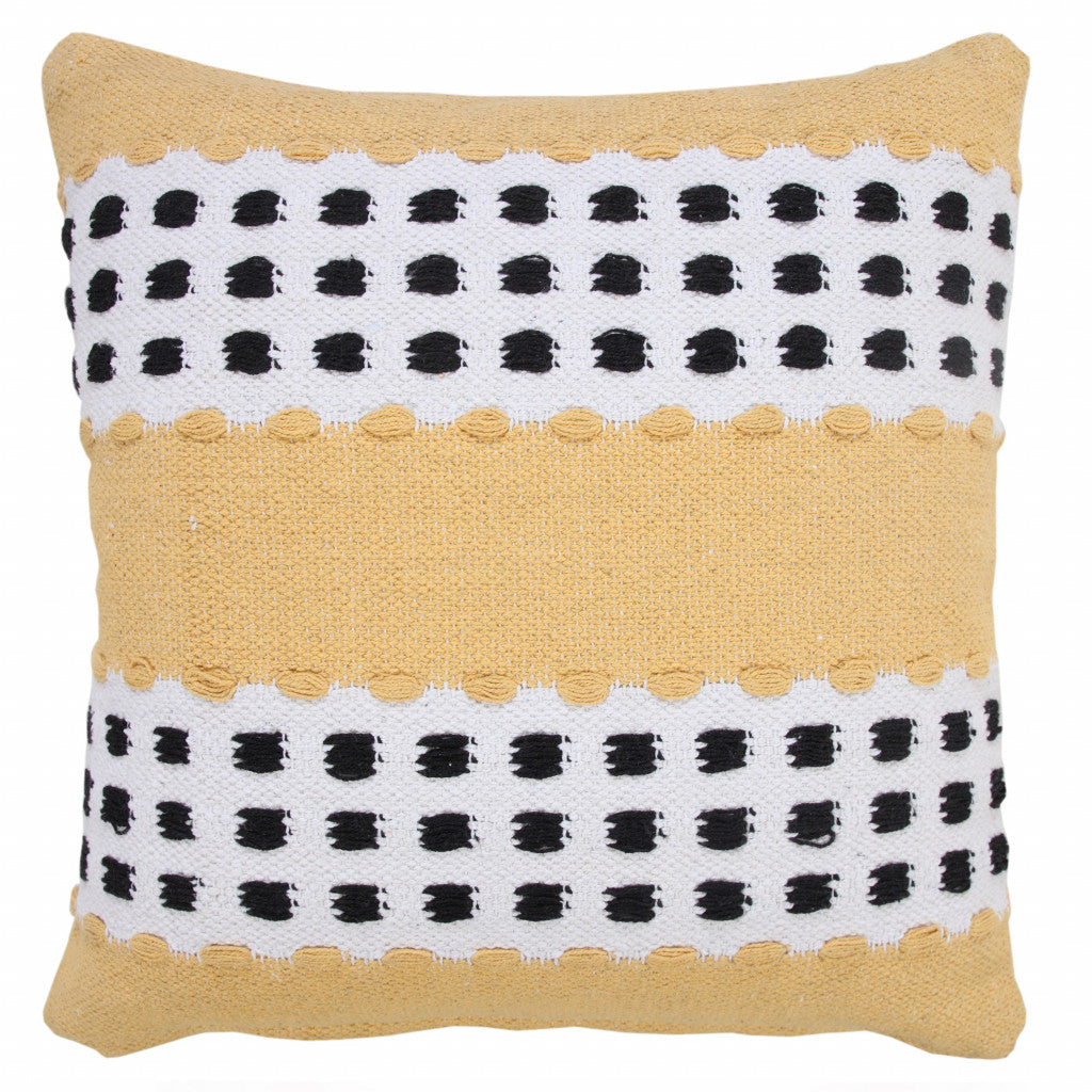 14" X 36" Yellow Black And White 100% Cotton Striped Zippered Pillow