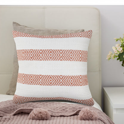 20" X 20" Orange And White 100% Cotton Striped Zippered Pillow