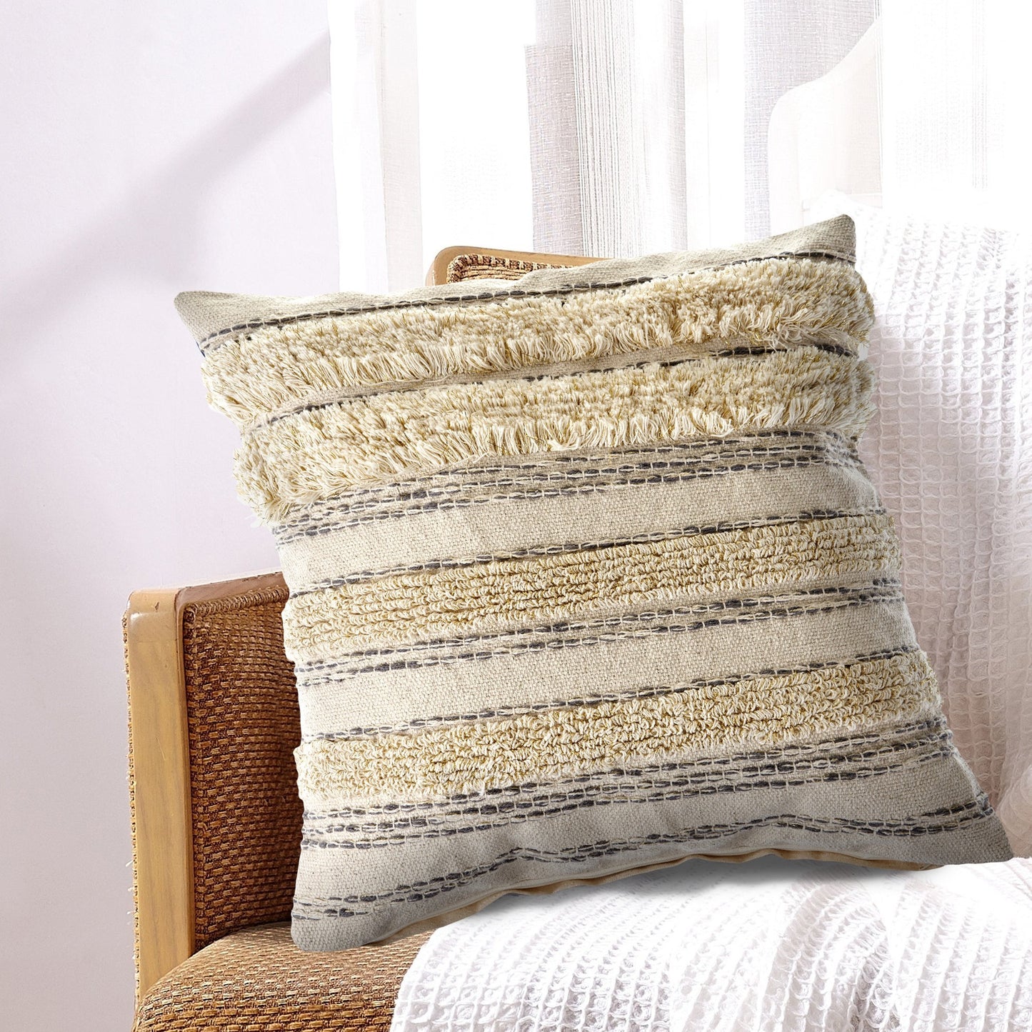 14" X 36" Cream Gray And Gold 100% Cotton Striped Zippered Pillow