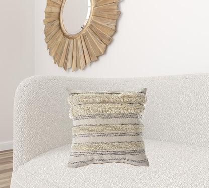 14" X 36" Cream Gray And Gold 100% Cotton Striped Zippered Pillow