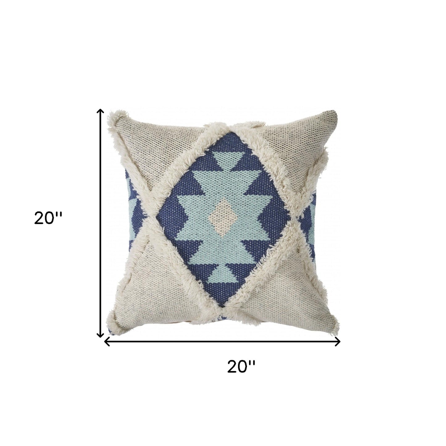 20" X 20" Blue And Cream 100% Cotton Geometric Zippered Pillow