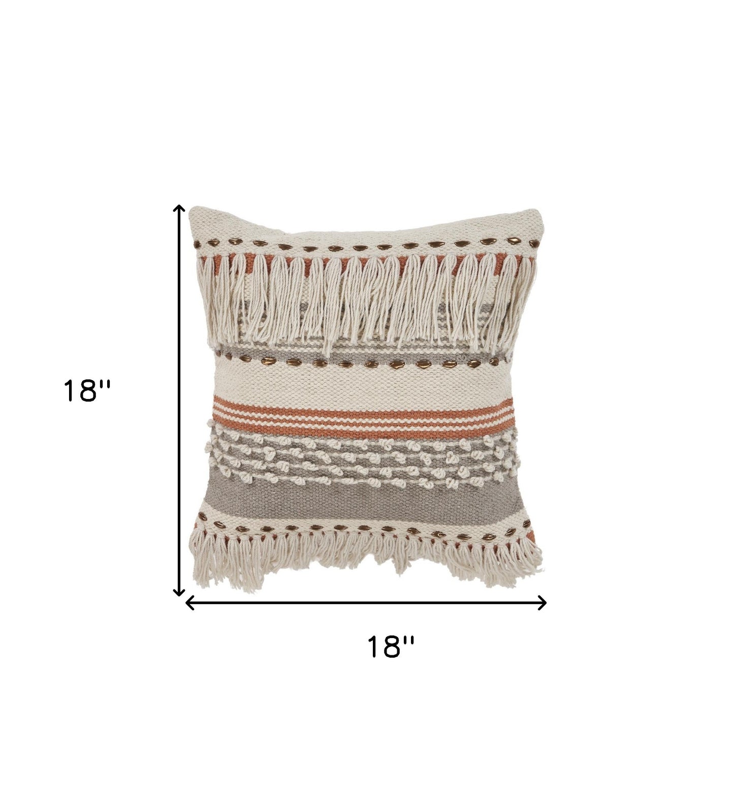 18" X 18" Beige and Red Striped Cotton Zippered Pillow With Fringe