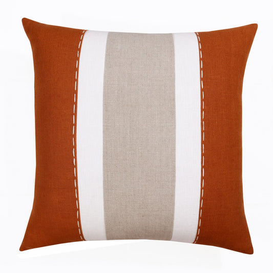 20" X 20" Rust And Gray Linen Striped Zippered Pillow