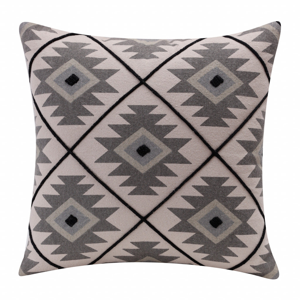 20" X 20" Gray And Black 100% Cotton Geometric Zippered Pillow