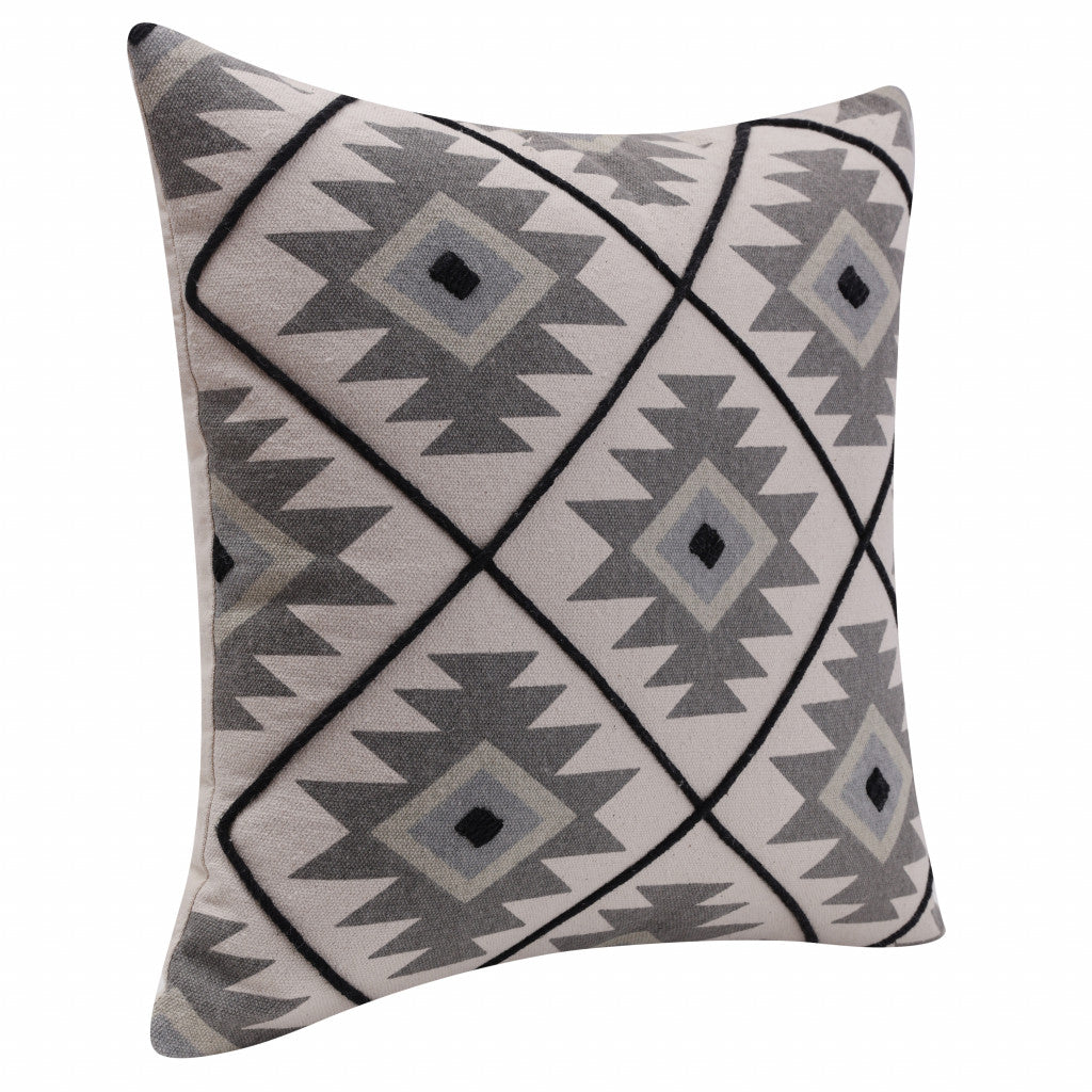 20" X 20" Gray And Black 100% Cotton Geometric Zippered Pillow