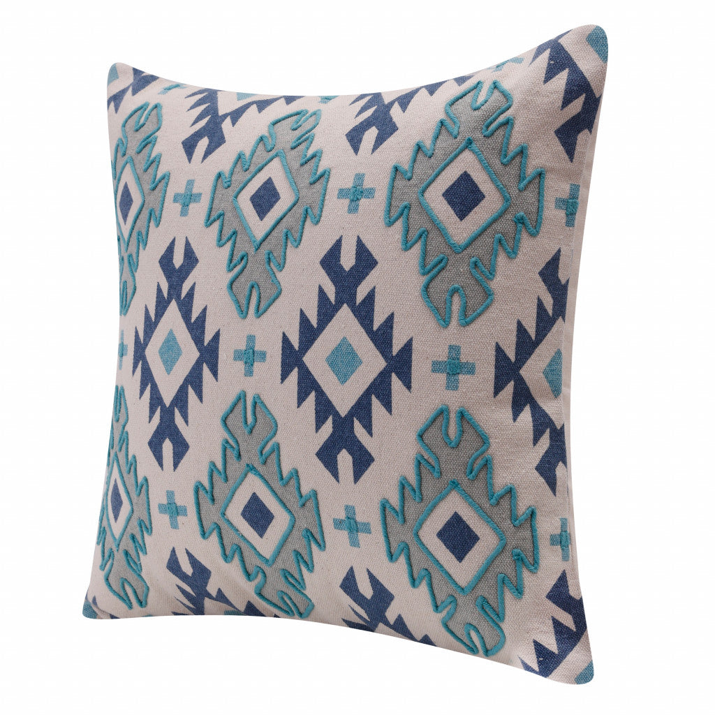 20" X 20" Navy And Light Gray 100% Cotton Geometric Zippered Pillow