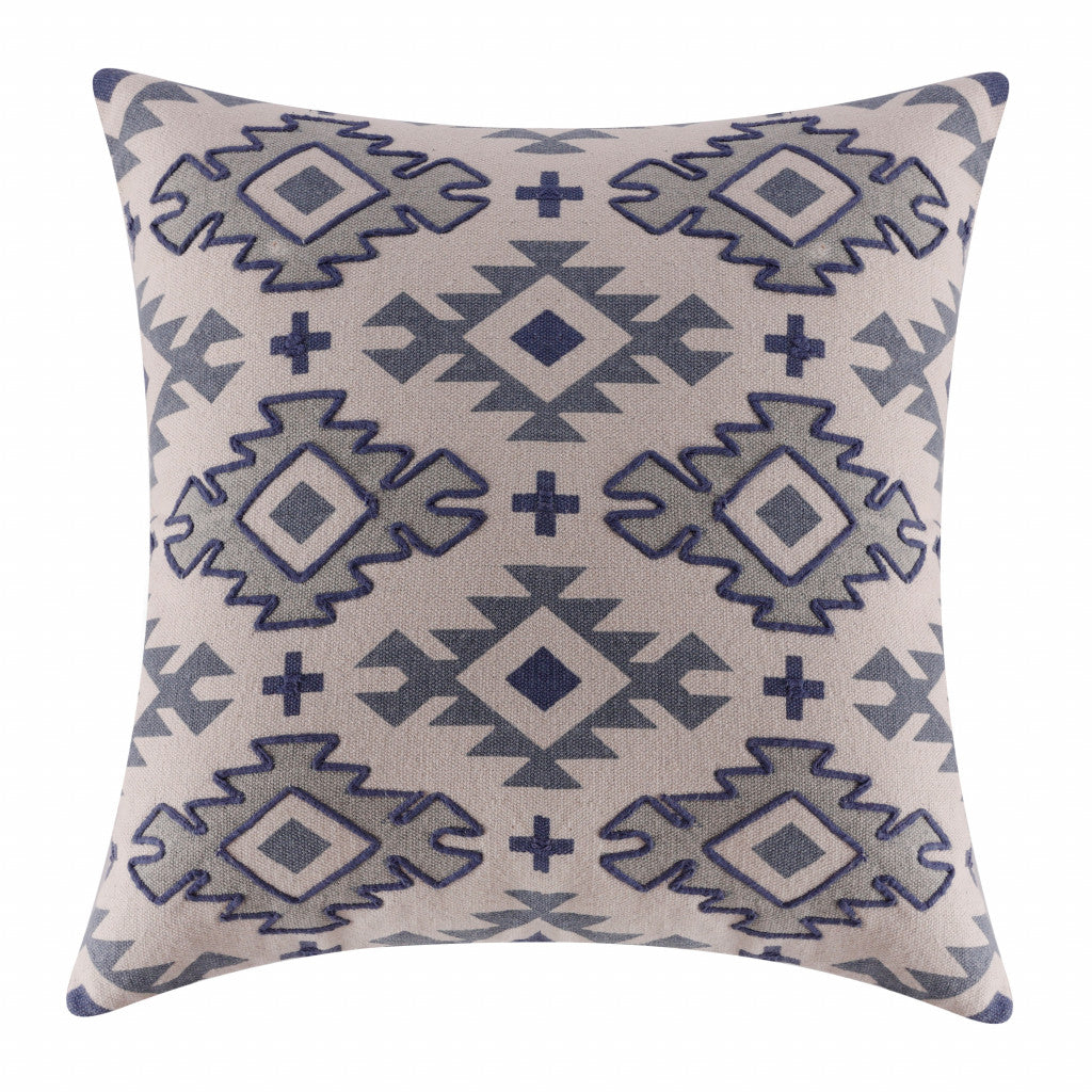 20" X 20" Navy And Light Gray 100% Cotton Geometric Zippered Pillow