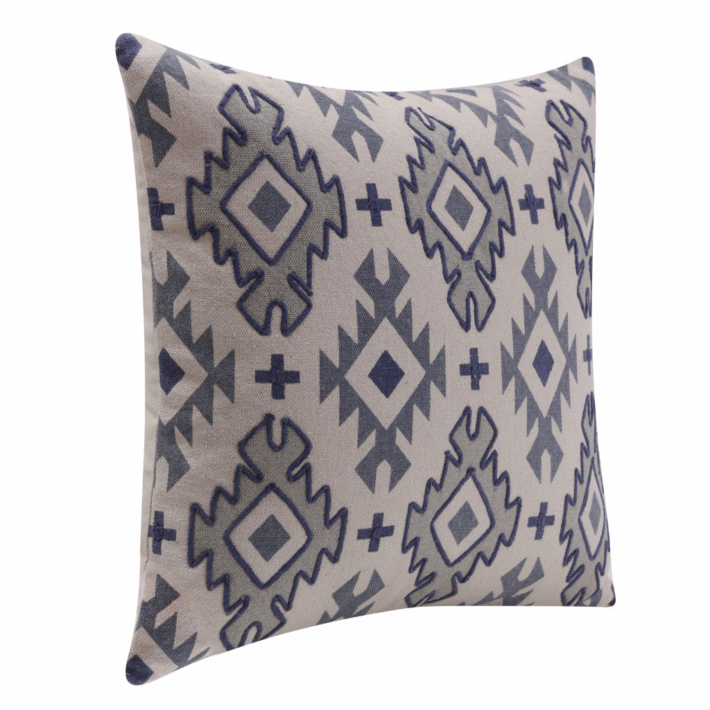 20" X 20" Navy And Light Gray 100% Cotton Geometric Zippered Pillow