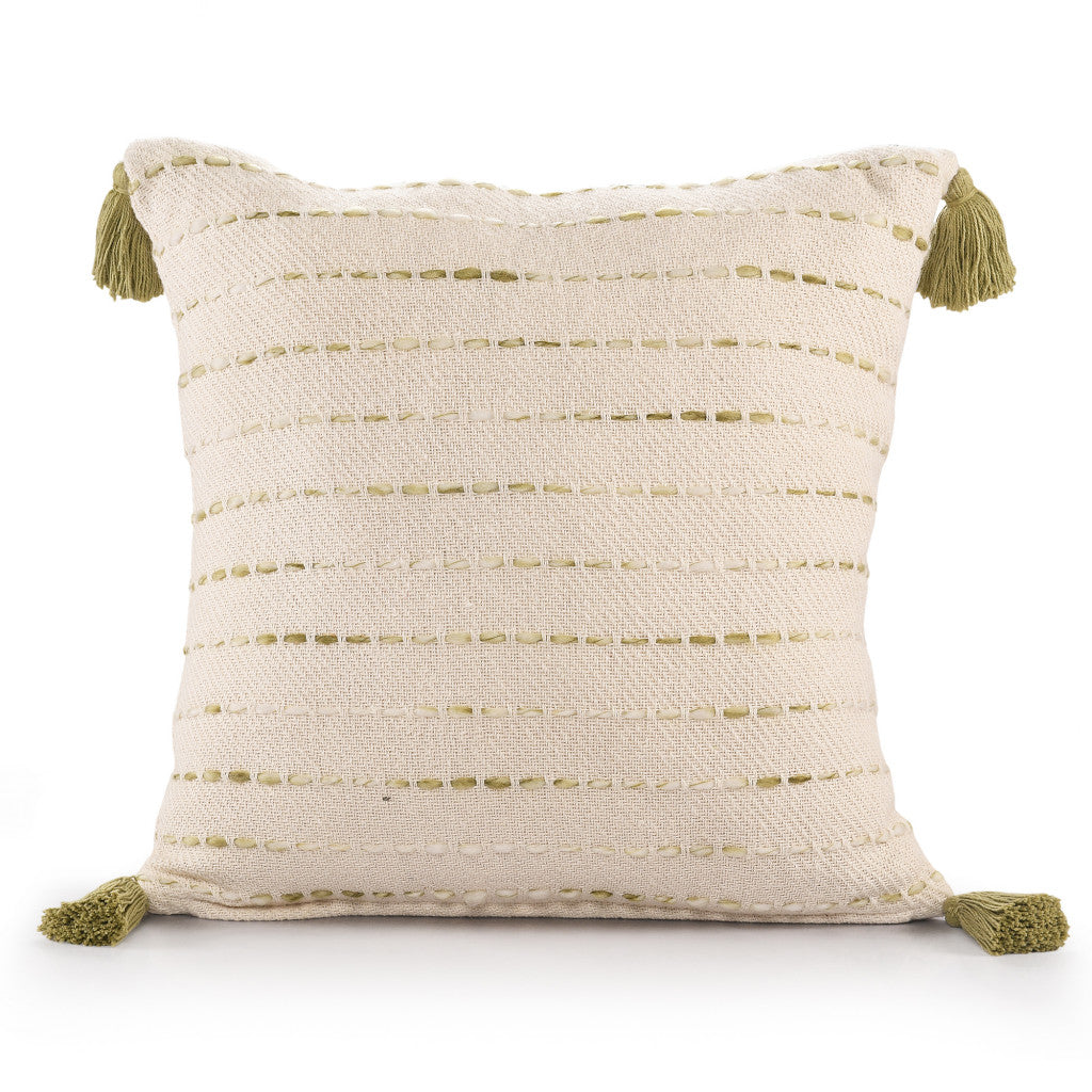 20" X 20" Olive Green And Ivory 100% Cotton Striped Zippered Pillow