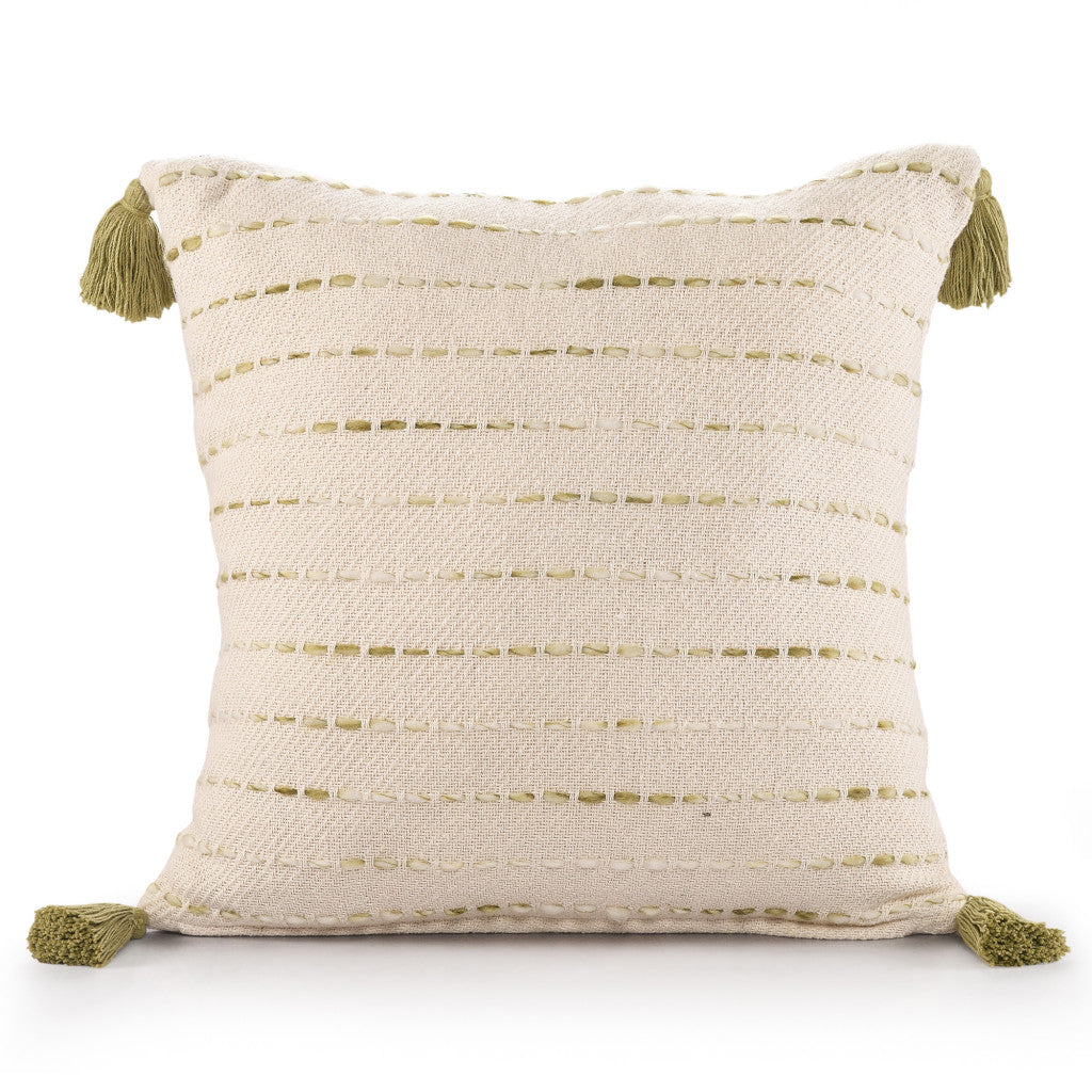 20" X 20" Olive Green And Ivory 100% Cotton Striped Zippered Pillow