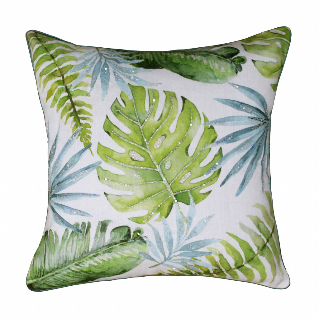 20" X 20" Green And Blue Polyester Floral Zippered Pillow