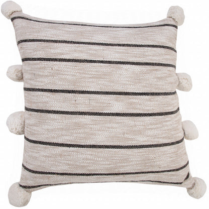 20" X 20" Beige White And Black Jute Striped Zippered Pillow