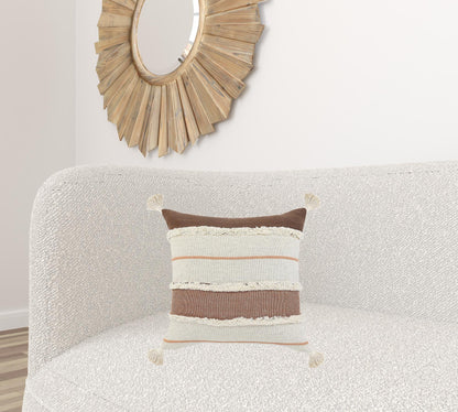 20" X 20" Brown Peach Tan And White 100% Cotton Striped Zippered Pillow