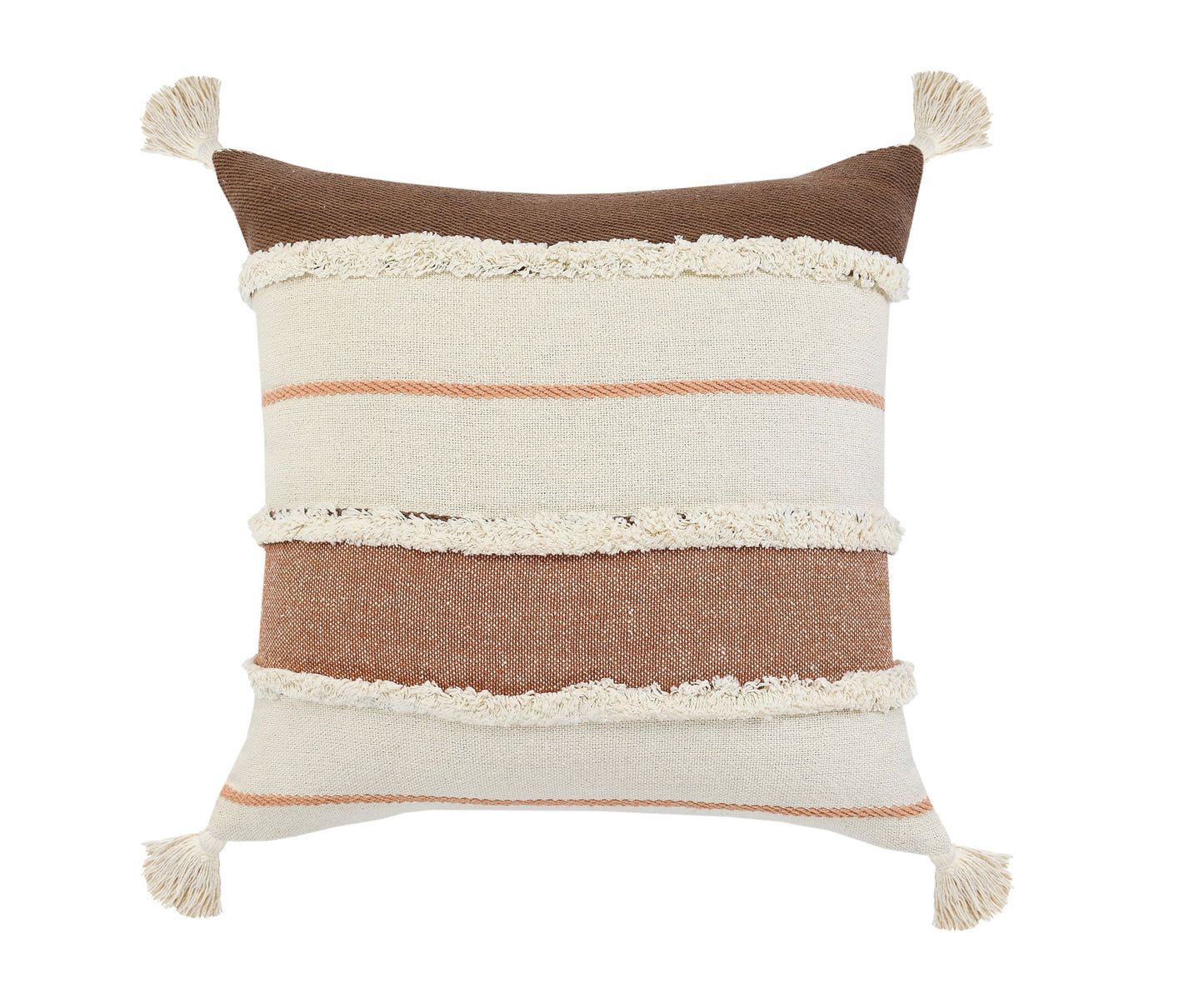 20" X 20" Brown Peach Tan And White 100% Cotton Striped Zippered Pillow