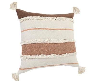 20" X 20" Brown Peach Tan And White 100% Cotton Striped Zippered Pillow