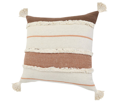 20" X 20" Brown Peach Tan And White 100% Cotton Striped Zippered Pillow