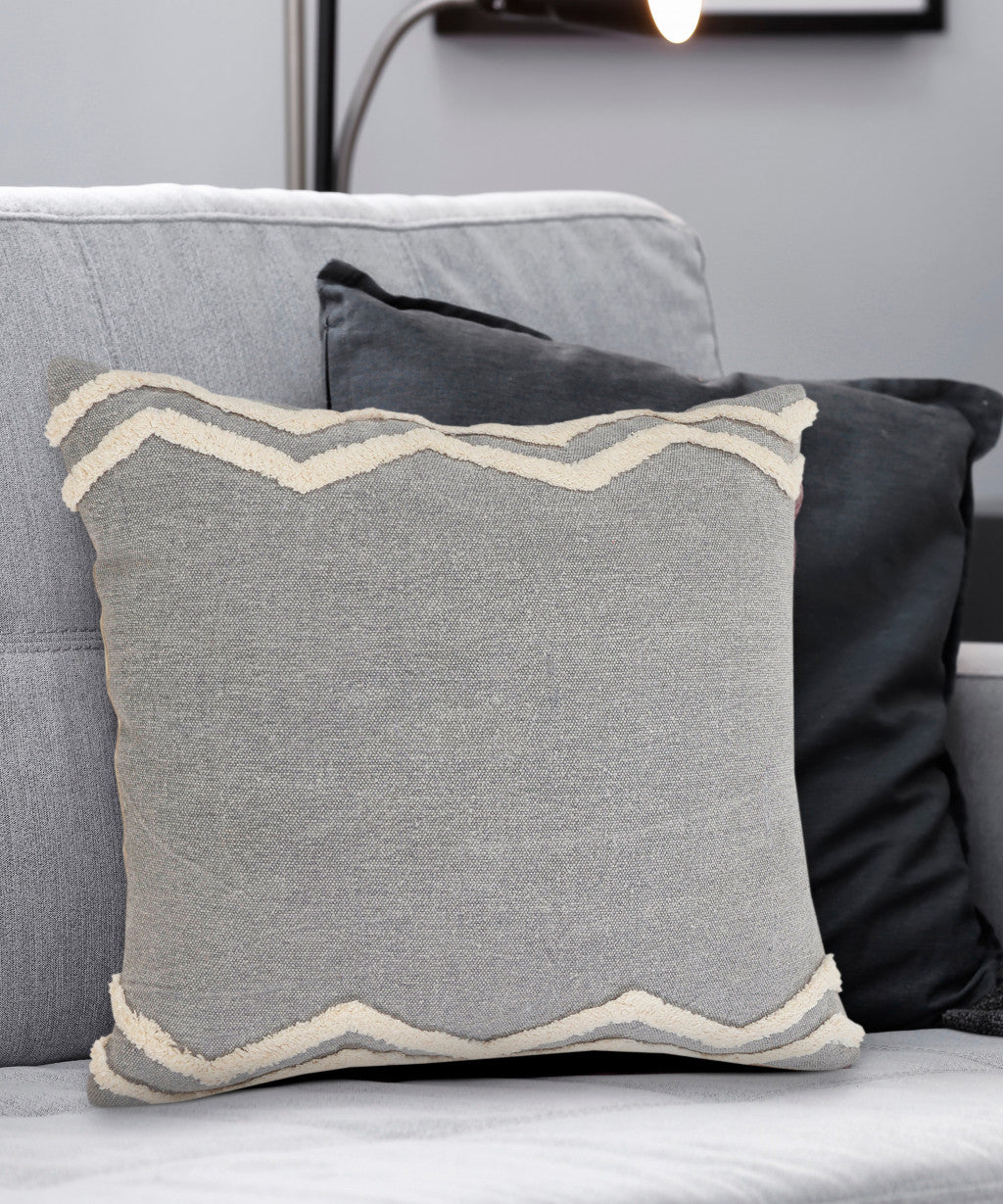 14" X 36" Grey And Off-White 100% Cotton Chevron Zippered Pillow