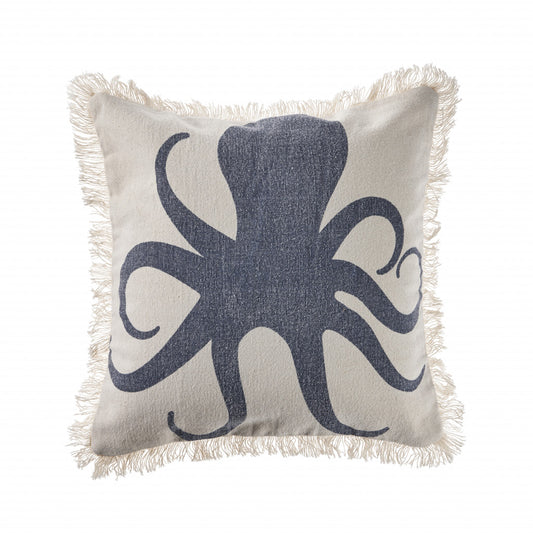 18" X 18" Cream And Charcoal Navy 100% Cotton Coastal Zippered Pillow